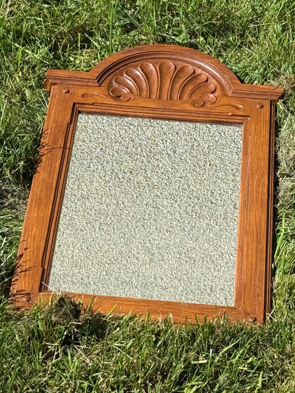 Vintage c1986 Art Deco Revival Wall Arched Shell Mirror in Country Oak by Syroco